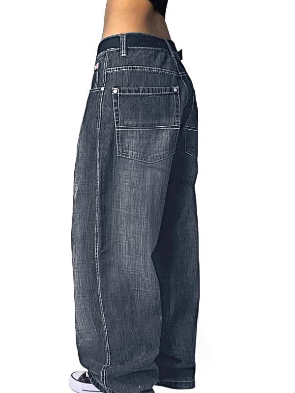 Image of EMMIOL Women Hip Hop 90s Vintage Baggy Jeans Denim Pants Mid Waist Jeans