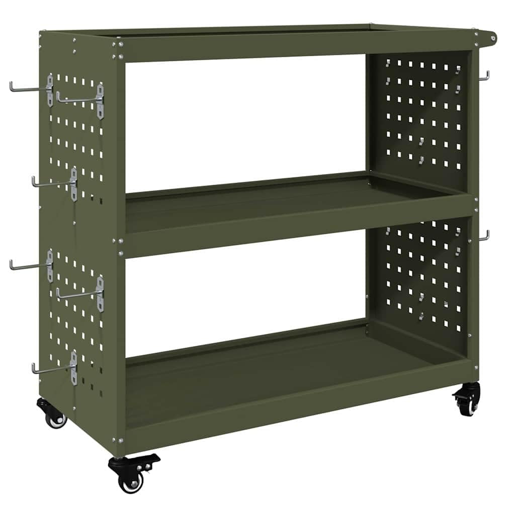 Carrello portautensili per officina garage in acciaio laminato a freddo con ruote bloccabili, 12 ganci e mensole, verde oliva 75 x 35 x 73 cm