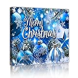 クリスマスオーナメントキャンバスウォールアートヴィンテージムーディーブルークリスマスボーブルボール装飾ダーク素朴な冬のポスタープリントホーム70x70cmインナーフレームの壁の装飾