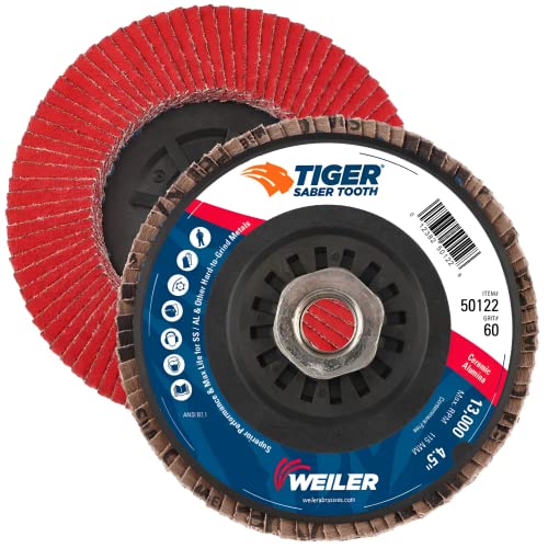 Image of Weiler 50122 4-1 /2 inch Tiger Ceramic Abrasive Flap Disc,Conical (Ty29),Trimmable, 60C, 5 /8 inch-11 UNC Nut