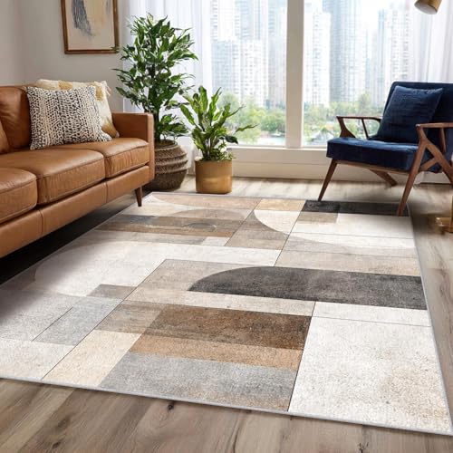 Tapis moderne géométrique marron et gris 170x250cm lavable vintage - 4