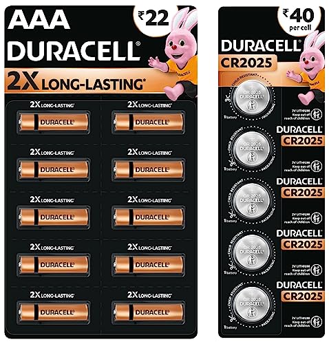 Image of Duracell Alkaline AAA Batteries, Pack of 10 & Specialty CR2025 Lithium Coin Battery 3V, Pack of 5 Suitable for use in keyfobs, Scales, wearables and Medical Devices