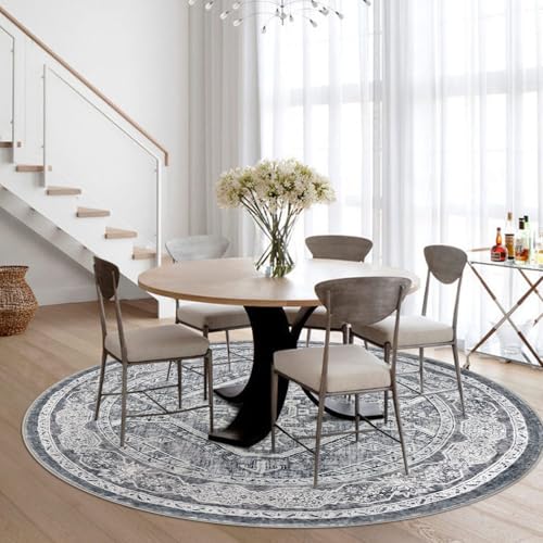 KUTA Oriental Round Rugs 6ft, Grey Circle Rug Washable 6ft, Non-Slip Printed Vintage Medallion Carpet for Living Room Dining Kitchen Indoor Entryway