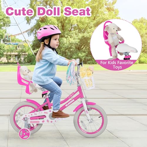 Image of Olakids Kids Bike, 12 14 16 18 20 Inch Girls Bicycle with Doll Seat Basket Adjustable Seat and Handlebar, Handbrake and Coaster Brake