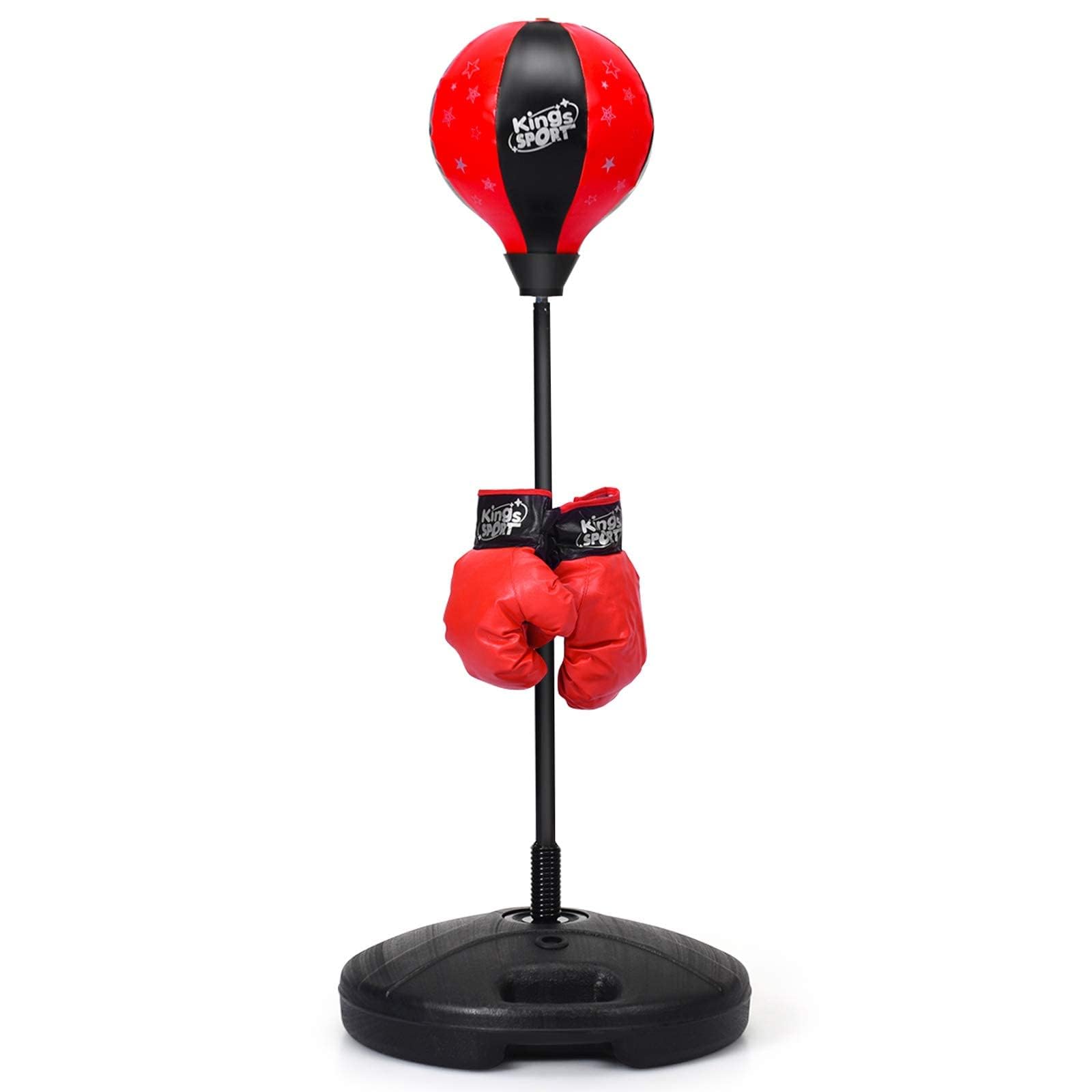RELAX4LIFE Punching Ball con Guantini per Adulti e Bambini, Sacco da Boxe con Altezza Regolabile 81-123 cm, Palla di Pugilato da Terra con Base Stabile, Rosso e Nero (Piccolo)