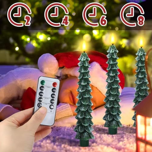 Image of Funtery 6 Pcs LED Christmas Tree Flameless Taper Candles Real Wax Battery Operated Candlestick Lights with 3D Flame and Remote Timer Window Fireplace (Frosted Green,Christmas Tree)