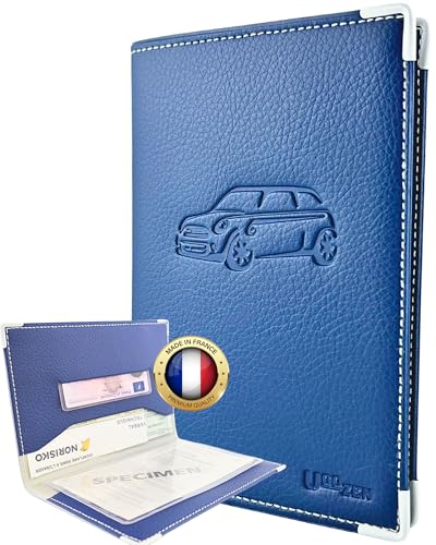 Ugozen Pochette Carte Grise Luxeo | Porte Papier Voiture Etui 3 Volets Cristal Inclus. Bleu