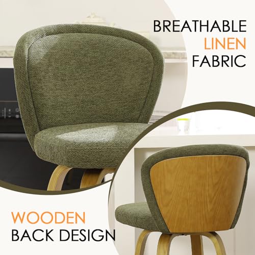 Image of HNY Swivel Counter Height Bar Stools, 26 Inch, Green, Set of 4 | Natural Wooden Leg and Back, Modern Chenille Upholstered, For Kitchen Island