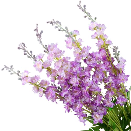 5pcs Purple Delphinium Artificial Flowers, 33" Silk Larkspur Faux Flower with Long Stem Fake Bouquet for Tall Floor Vase Kitchen Home Indoor Hyacinth Summer Floral Plant Centerpiece Decor