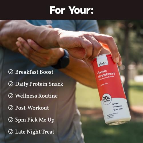 Image of Slate Milk - High Protein Milk Shake - Classic Strawberry - Lactose Free, 20g Protein, 1g Sugar, 100 Calories, 1g Net Carbs, No Added Sugar - Natural, Breakfast Boost, Post Workout - 11 fl oz, 48 Cans