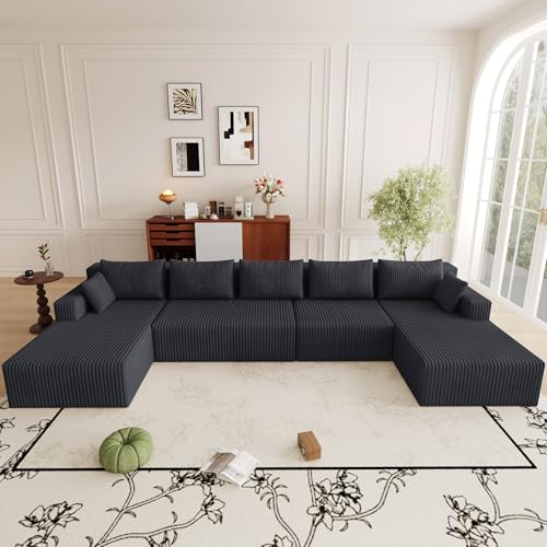 Image of 160 inch W Cloud Sectional Couch,Modern U-Shaped Cloud Couch with Deep Seat,Comfy Corduroy Sofa,Memory Foam Sofa for Living Room,No Assembly (Black,Right-Facing Chaise)