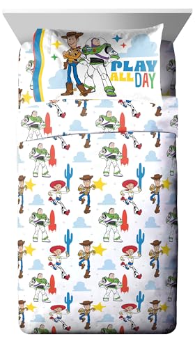 Image of Jay Franco Disney Pixar Toy Story 5 Piece Twin Bed in a Bag Kids Comforter Set with Sheets & Sham, Super Soft Microfiber, Machine Washable, Woody & Buzz Lightyear, Blue (Officially Licensed)