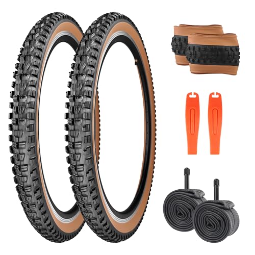 WEEROCK 27.5 x 2.3 (57-584) MTB Bike Tire Two Pack 27.5 Inch Tires Folding Bead Replacement Tyre, 2.3 Inch Mountain Bicycle Tires with Inner Tubes for 27.5' Bicycles, Brown Wall Side