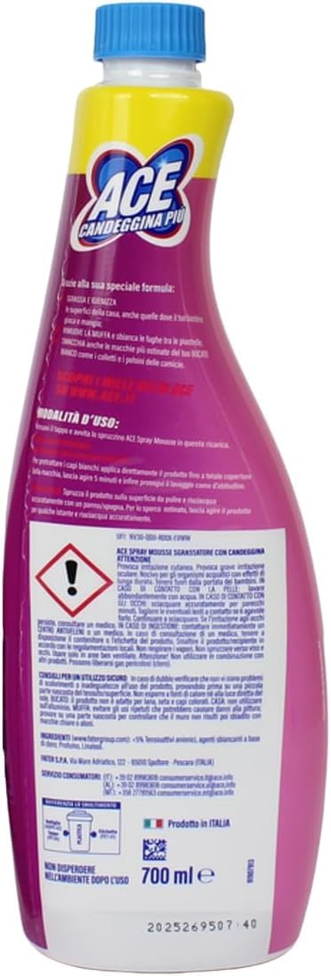 ACE Candeggina + Mousse - Desengrasa las superficies de la casa y las manchas más difíciles en la ropa, botella de recarga de 700 ml + llavero Beni Culinari gratuito