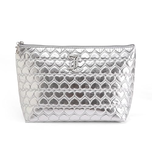 Juicy Couture Silver Makeup Bag Cosmetics Organizer Travel Essentials Top Zip Pouch Shiny Quilted Heart