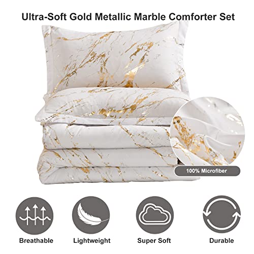 White Gold Metallic Marble Comforter Set Queen Foil Print Glitter Bedding Sets With 2 Pillowcases For All Seasons, Soft Microfiber Filling Bedding Duvet Set 90"X90" #TOP2