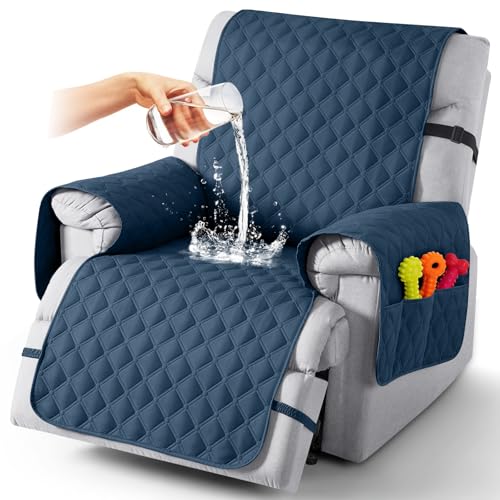 Image of TAOCOCO 100% Waterproof Recliner Covers, Recliner Sofa Covers with Leg Straps, Reversible Recliner Couch Cover for Reclining Chair, Washable Couch Protector for Pets Kids(1 Seater 28 inch, Ocean Blue)