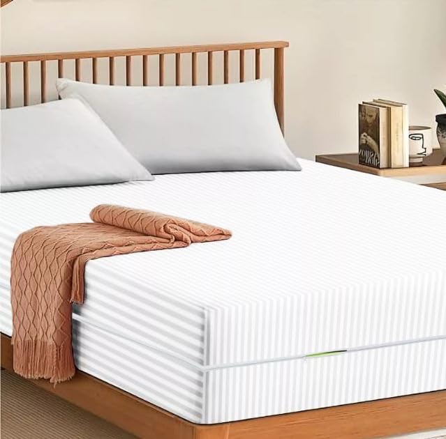mia Full Zipped Stripe Mattress Encasement Mattress Cover Protector Anti Bed Bug (White, King)