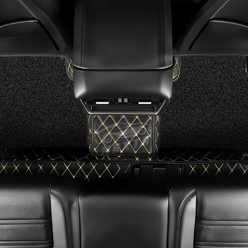 Image of NEXTA Premium Nappa Luxury Leather with Grass Mat Complete Set || 100% Waterproof and Washable||7D Cars Floor Mats for VinFast Limo Green - 7 Seater (All 3 Rows) | Color : (Black & Golden)