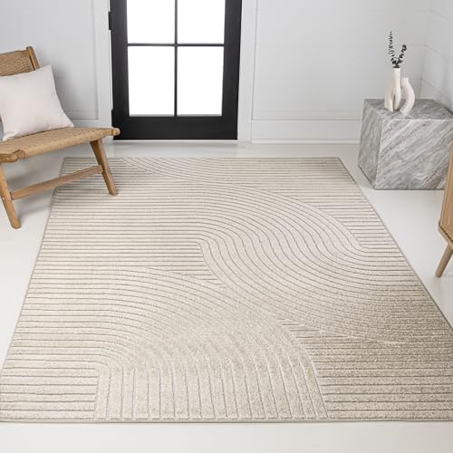 JONATHAN Y Hallie High-Low Curve Beige/Cream 8x10 Indoor/Outdoor Area Rug, Minimalist Geometric, Pet Friendly, for Patio, Backyard, Living Room, Bedroom, Office, Hose-Washable (SCN100D-8)