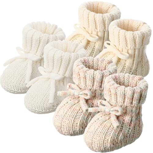 Image of Evervibe 3 Pairs Knitted Baby Booties 0-6 Months Newborn Baby Shoes First Walkers Cozy Shoes for Infant Girl Boy