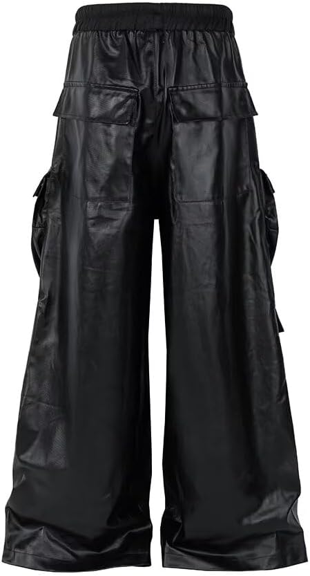 Mens Wide Leg Matte Pu Leather Pants Straight Casual Baggy Pockets Drawstring Trousers - Image 3