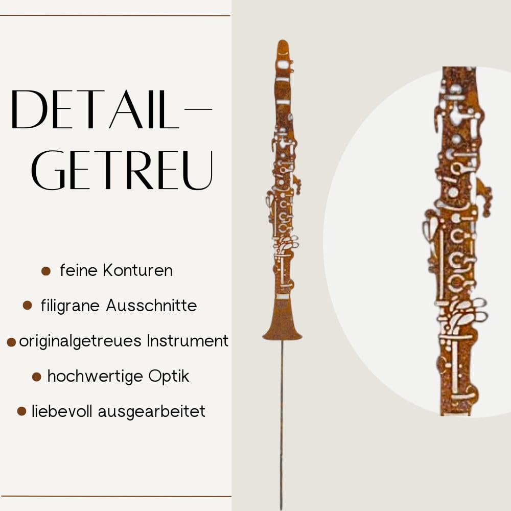 Gartenstecker Klarinette aus Cortenstahl Rostoptik – 110 cm – Wetterfest & Ganzjährig Outdoor – rostige Metall Gartendeko für Beet, Rasen, Terrasse & Balkon – Geschenk für Musikliebhaber