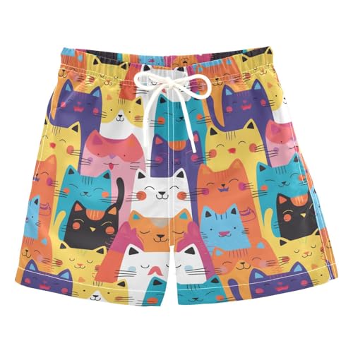Boys Swim Trunks with Pockets and Quick Dry Fabric,Cute Cartoon of Colorful Cat Kids Swimwear Boy Swimsuit Small