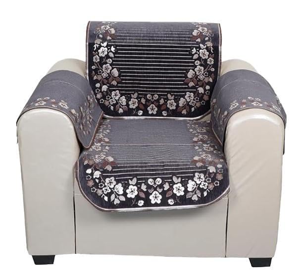Image of Premium Jaquard Velvet Fabric Sofa Cover Set for 5 Seater Sofa, 5 Seater Velvet Cover with 6 Pcs of Arms Included, Total 16 Pcs Grey Color Sofa Cover,Flower Lines