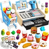 Wooden Toy Cash Register with Scanner Realistic for Kids, Pretend Play & Rich Accessories, Role-Play Gift for Boys Girls Age 4-8