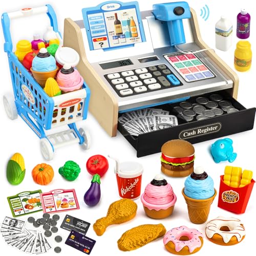 Wooden Cash Register with Shopping Cart