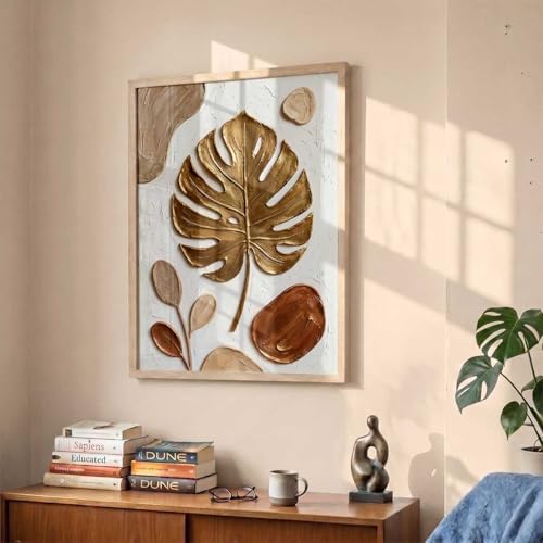 Image of kotart Golden Leaf Wall Art Home Decoration | Aesthetic Floral Paintings With Frame For Living Room Bed Room Hotel Wall Decor Digital Reprint (14X20 inch)
