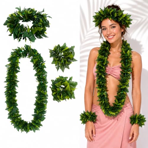 Image of Housoutil Hawaiian Green Leaf Leis Set, Green Hawaiian Party Garland, Tropical Hula Dance Accessories, Artificial Foliage Necklace Headband Wristbands, Summer Beach Jungle Hula Costume for Party