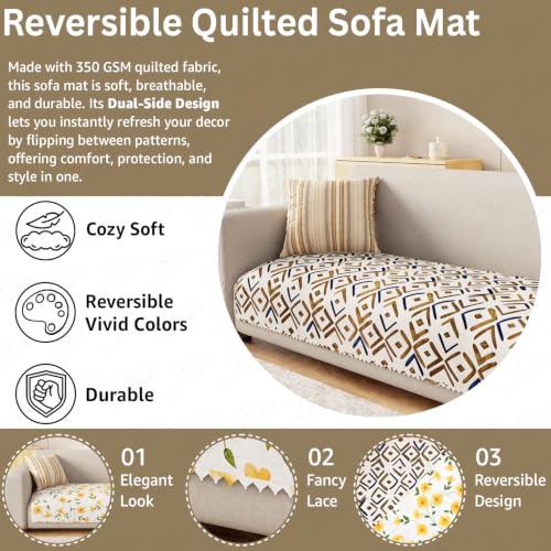 Image of Lukzer 3 Seater Sofa Cover Mat Reversible Quilted Sofa Seat Protector with WaveEdge Ultrasonic Cut - Terra Bloom - Washable Anti-Slip Sofa Throw for Living Room Couch Cover 180 x 85 CM /SC-205-03WE