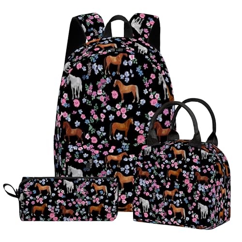 Scovotec Mochilas escolares para meninos e meninas, 3 peças para estudantes, Cavalo, Mochilas Daypack