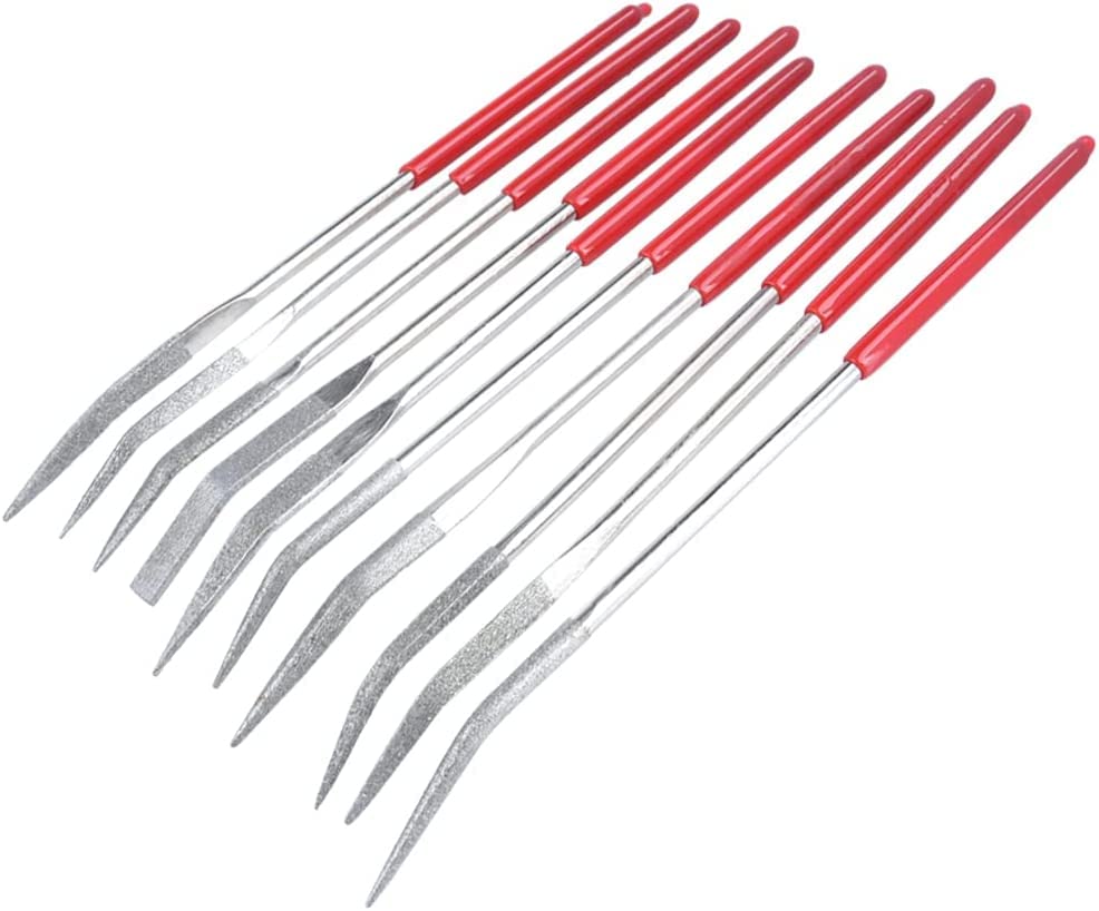 10Pcs 3x140mm Assorted Diamond Mini Riffler Needle File Set, Round Shape Handle Carving Craft Handy Curved Files Alloy Lapidary Bent Ceramic Tool for Metal, Glass, Wood, Plastic, Jewelers