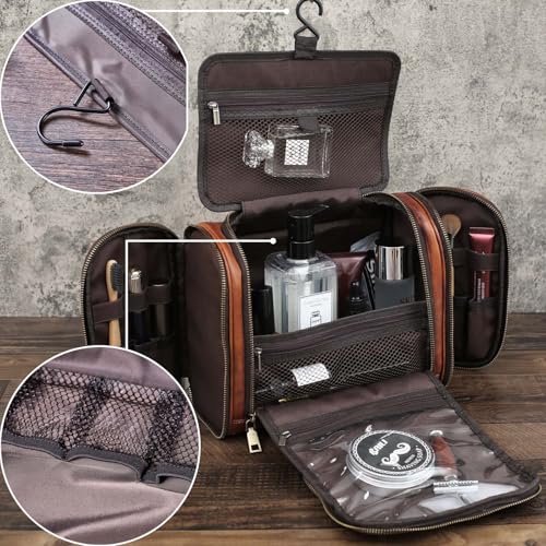 Toiletry Bag For Men, Genuine Leather Toiletries Organizer, Large Travel Hanging Toiletry Bag Water-resistant Bathroom Shaving Kit for Cosmetics, Makeup Case Travel Dopp Kit4