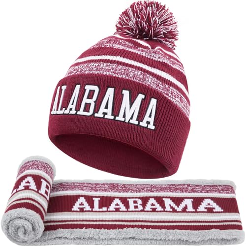 Alabama Beanie Hat Scarf Set for Men Knit Pompom Beanie Cap Football Fans Fashion Toque Cap Neck Warmer Scarves Winter Gifts for Sport Fans with Stickers