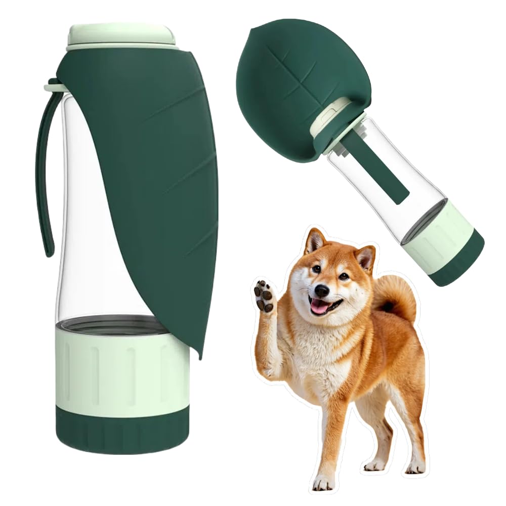 The dog water bottle and food container are combined into one, with stretchable silicone leaves as feeding bowls, leak proof double compartments, portable for hiking, camping, and daily walks