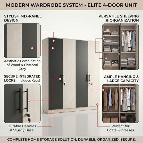 Image of FFO Tokyo 4 Door Wooden Wardrobe for Bedroom with Hanging Rod, Shelves & Lock | Modern Clothes Storage Almirah /Cabinet with Black & White Wood | Wardrobe Organizer for Clothes, Dresses DIY.