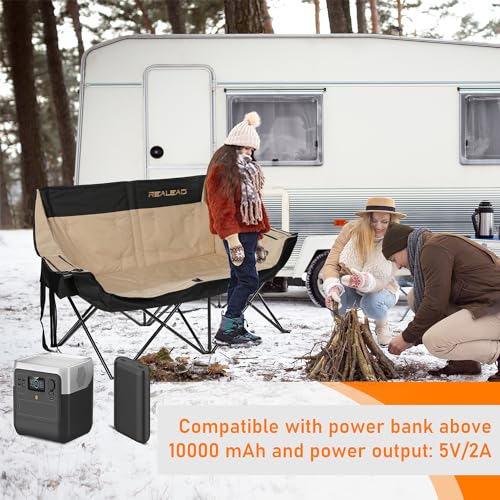 REALEAD Heated Double Camping Chair - Heated Folding Chairs for Outdoor Sports with 3 Heat Levels and 4 Heating Zones - Portable Heated Loveseat Camping Chair Supports 650 lbs Battery NOT Included