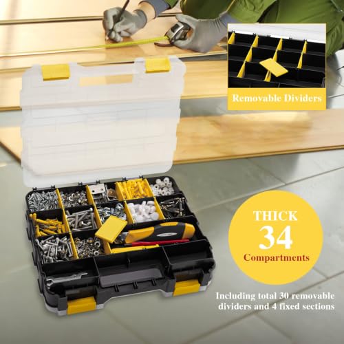 Image of Hardware Organizer Box 34 Compartments Small Parts Organizer with Removable Dividers Durable Plastic Double Side Tools Box Screw Organizer For Nuts, Bolts, Screws, Nails, Small Hardware (Yellow)