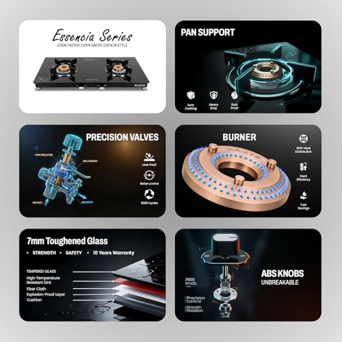 Image of Haute Kitchen Essencia 2 Burner Gas Stove | Manual Ignition | 7mm Toughened Glass | Metal Knobs | Door Step Service | 7 Years Glass Warranty & 2 Years Manufacturing Warranty