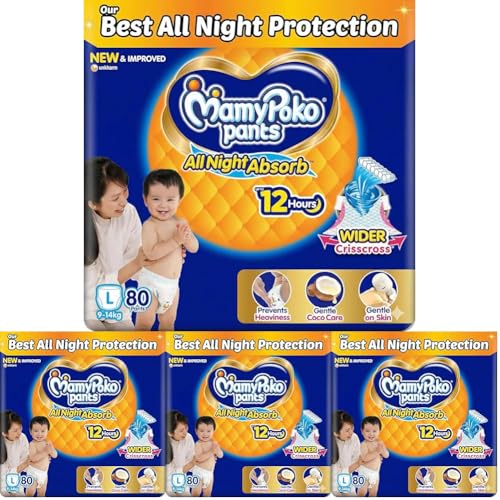Image of Mamypoko pants All night absorb| Pant Style Baby Diapers Large Size(L), 80 Count, Ideal for 9-14Kgs|1 Diaper: Upto All night Absorption|Wider Crisscross Sheet|Gentle Coco Care| 12hr Leakage Protection| Prevents Heaviness (Pack of 8)