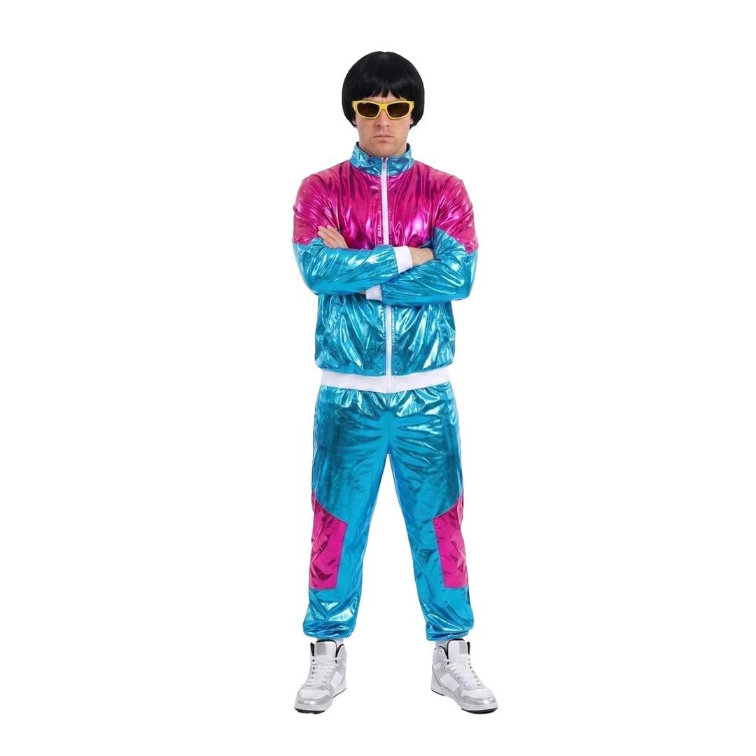 Disfraz de estrella de cantante musical para adultos, chaqueta y pantalones azules y rosas con peluca negra y gafas de nerd amarillas, divertido disfraz retro de despedida de soltero para Halloween