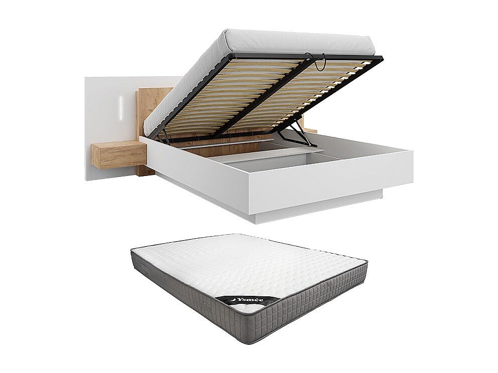 Vente-unique - Cama con canapé abatible 2 plazas Francoli - melamina - Color Natural Claro, Blanco