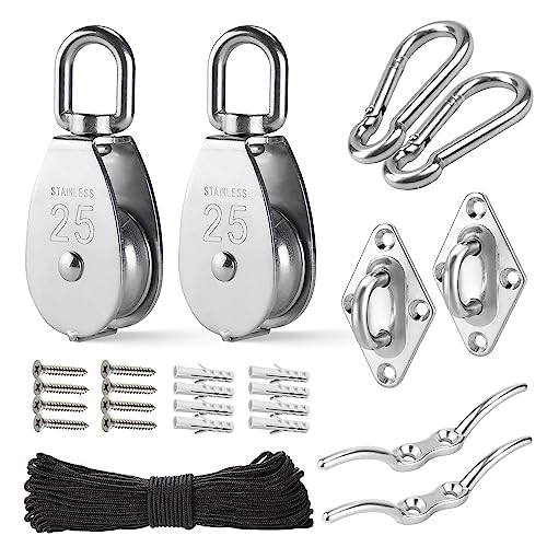 LAIWOO M25 Stainless Steel Pulley System Kit-Heavy-Duty Pulley Wheel Pulley Block with Nylon Rope Hooks Eye Pad Plate and Rope Cleat - Ideal for Lifting DIY Projects and Clothesline (2 Pack)