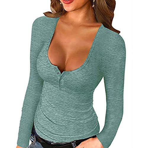 Vimoli Langarmshirt Damen Herbst Langarm Knopfleiste Basic Shirt Bluse Casual Schlanke Passform Pullover Oberteile Tops mit Knöpfen (B Minzgrün,M) Cover
