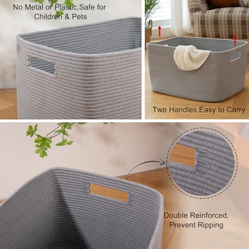 Image of OIAHOMY XXLarge Rectangle Blanket Basket-96L, Cotton Woven Basket for Storage, Dirty Clothes Basket for Living Room, Nursery, Bedroom, Toy Organizing with Handle, 24 inch x 16 inch x 15 inch, Grey