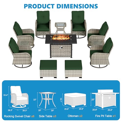 Image of 12-Piece Small Patio Furniture Set, Outdoor Swivel Rocking Chairs Set with 55,000 BTU Fire Pit Table Wicker Chairs and Ottomans, Patio Bistro Set for Balcony, Deck, Porch,Dark Green